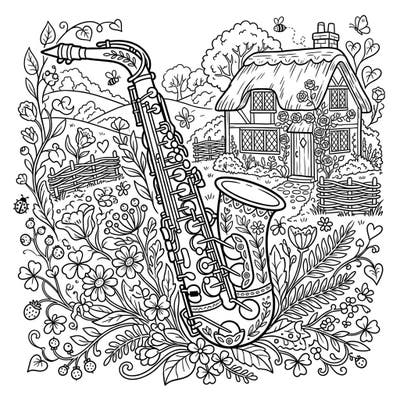 Immerse yourself in the serene beauty of this cottagecore-inspired coloring page, showcasing a beautifully decorated saxophone nestled among lush wildflowers and rustic elements. It's the perfect blend of musical elegance and pastoral tranquility, ready for your artistic touch.