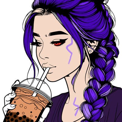 realistic girl drinking boba tea with braided hair