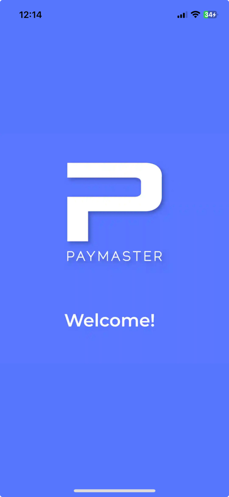 PayMaster - The Super App - Pantalla de bienvenida de la aplicación PayMaster con el logo y mensaje de bienvenida sobre un fondo azul