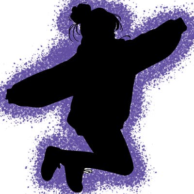 realistic girl jumping with a bun and oversized sweatshirt