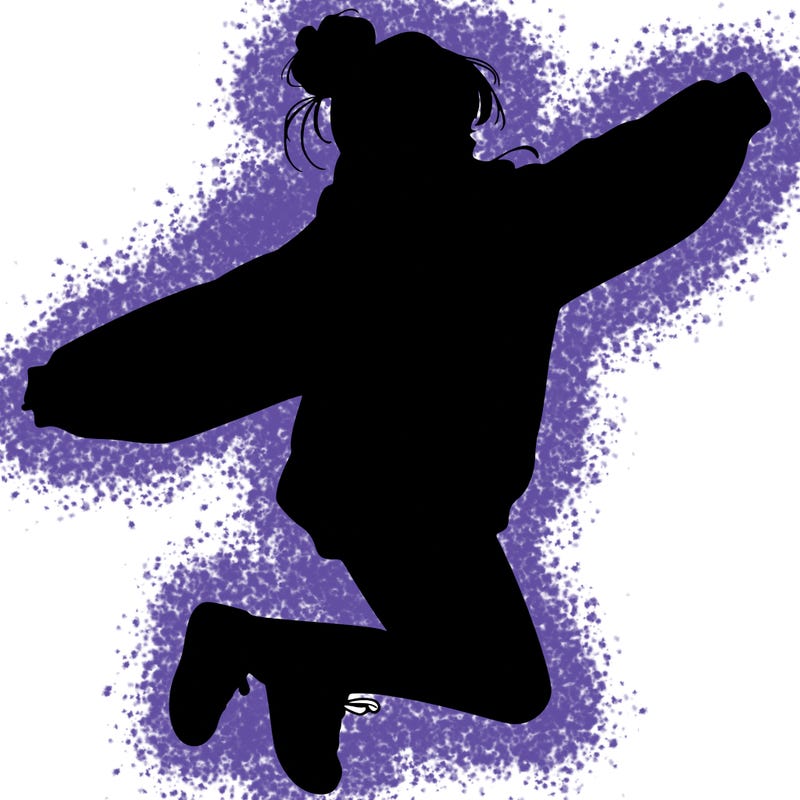 realistic girl jumping with a bun and oversized sweatshirt