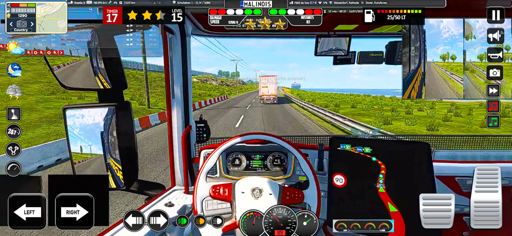 American Truck Cargo Transport - Vista de cabina en primera persona de un camión conduciendo por una autopista con un salpicadero detallado y pantalla GPS