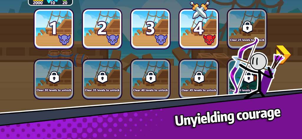 Level selection interface in Idle Battle Warriors featuring unlocked and locked stages with a stickman archer character.