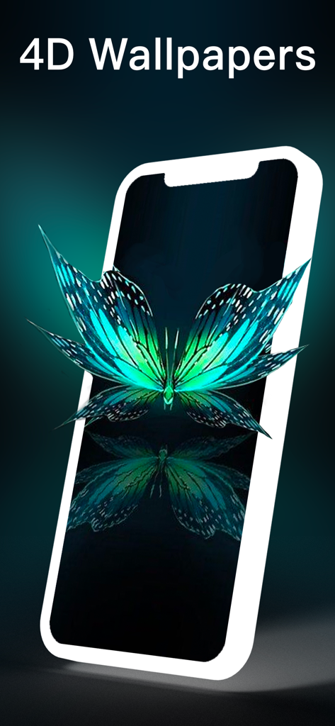 Pantalla de smartphone mostrando un fondo de pantalla de mariposa brillante azul con efecto 3D bajo el encabezado Fondos de pantalla 4D.