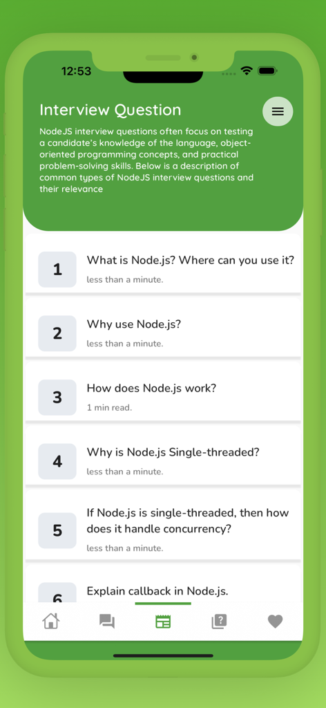 NodeJS Programming Guide - Liste von NodeJS-Interviewfragen in einer mobilen App-Oberfläche