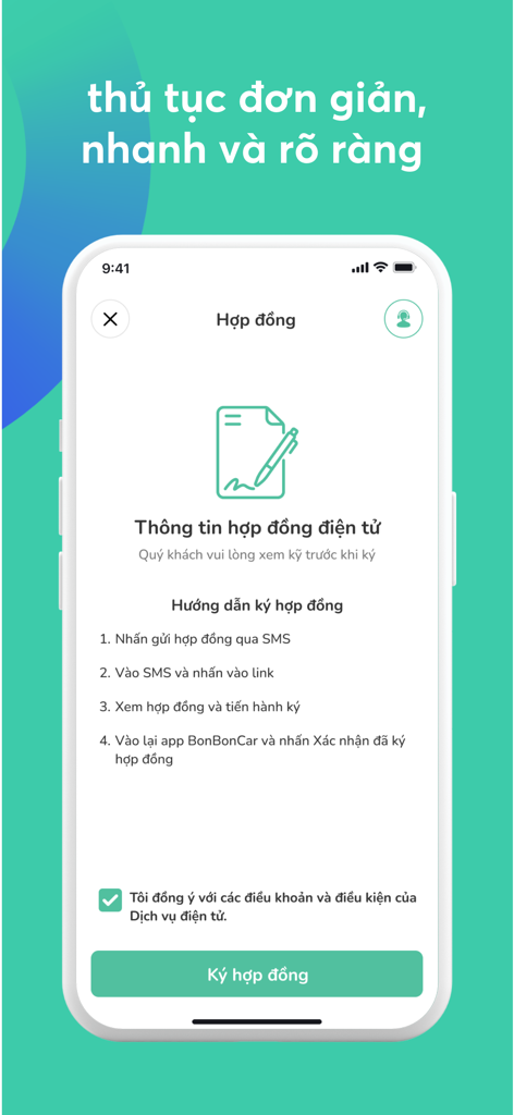 BonbonCar - Thuê xe tự lái - Interface de l'application BonbonCar montrant le processus de signature électronique du contrat pour une location de voiture.