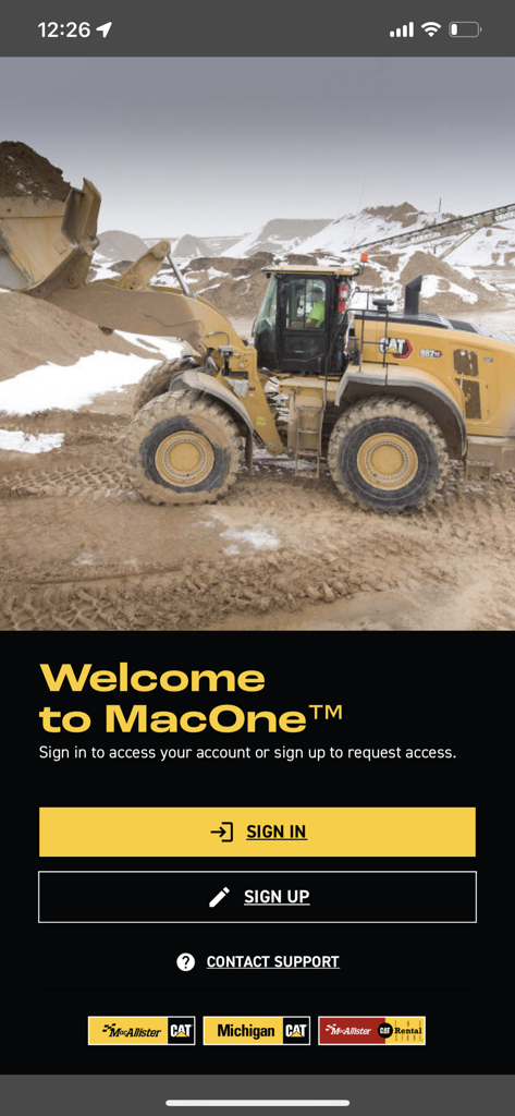 MacOne - Pantalla de bienvenida de la aplicación MacOne con un cargador CAT en un sitio de construcción