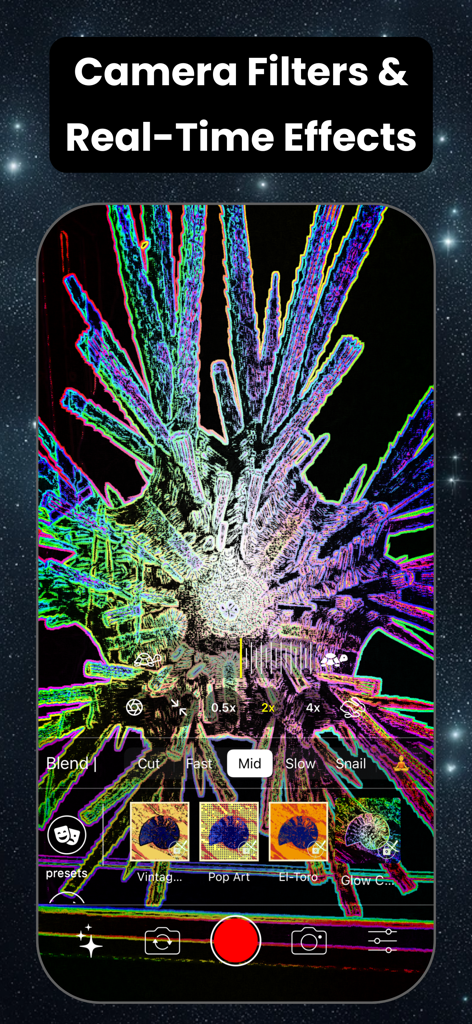 Syn-FX: Video Editor & Effects - Syn-FX mobile app interface displaying real time camera filters and video editing controls