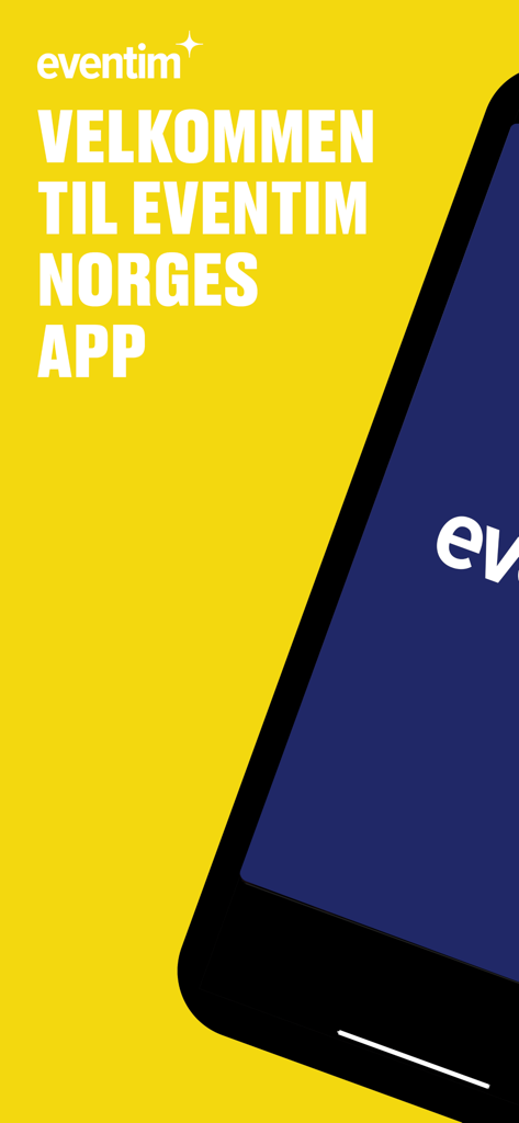 Eventim Norge - Welcome screen for the Eventim Norge app with a yellow background and a smartphone graphic.