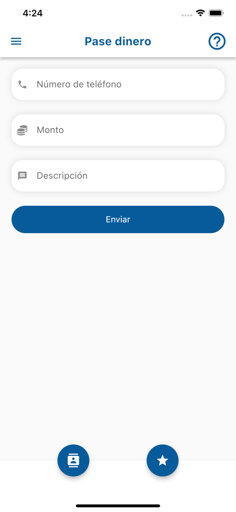 Caja de ANDE SINPE Móvil - Interfaccia di un'app mobile per l'invio di denaro con campi per numero di telefono, importo e descrizione