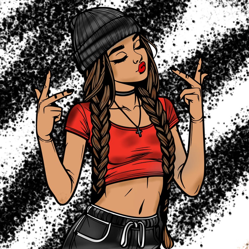 realistic teenage girl with braids and a beanie and crop top doing 🫶🏼