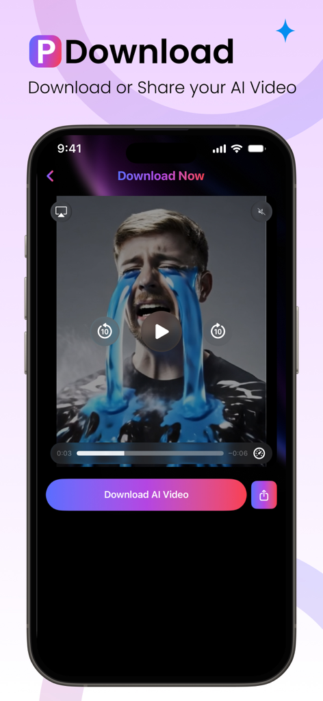 Promptchan AI app screen showing a video player and a button to download the generated AI video.