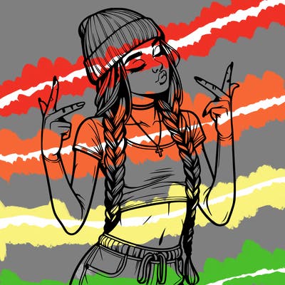 realistic teenage girl with braids and a beanie and crop top doing 🫶🏼