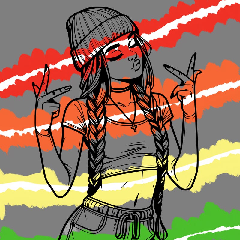 realistic teenage girl with braids and a beanie and crop top doing 🫶🏼