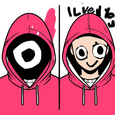 a person with a hoodie and no face, the drawing is split in 2