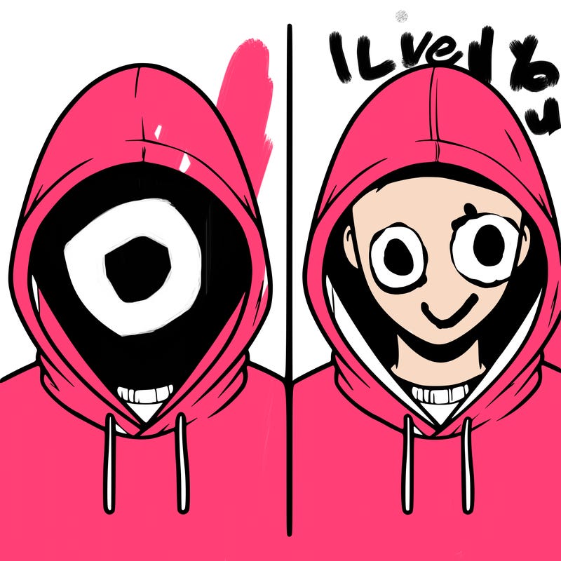 a person with a hoodie and no face, the drawing is split in 2