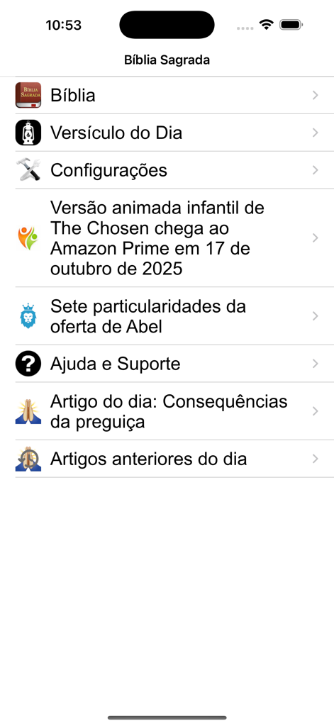 Main menu screen of the Portuguese Holy Bible app showing options for Bible reading verse of the day and religious articles