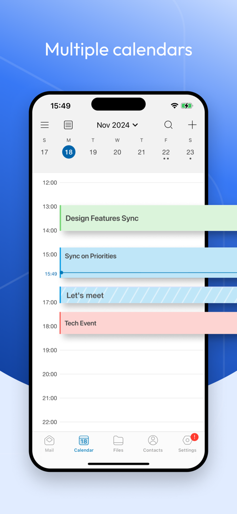 Boxer - Workspace ONE - Daily calendar view in the Boxer Workspace ONE app showing multiple scheduled meetings