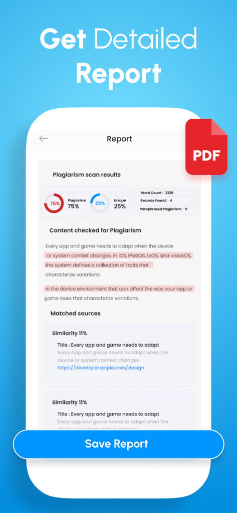 Plagiarism Checker & AI Detect - モバイル画面に、パーセンテージの内訳と一致したソースを示す詳細な盗作レポートが表示されています