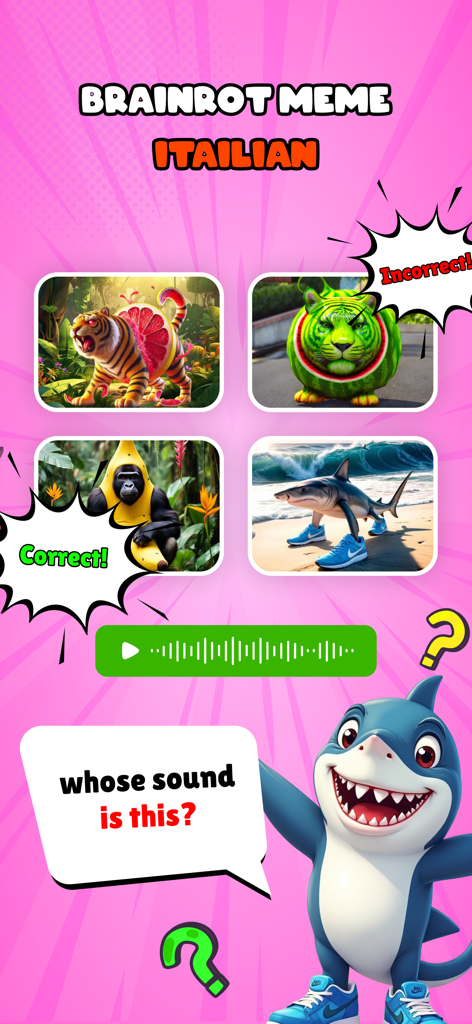 Italian Brainrot Wiki & Quiz - Italian Brainrot quiz interface showing surreal animal memes like a banana gorilla and a walking shark with an audio sound challenge