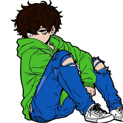 a male hoddie ripped jeans messy hair anime
