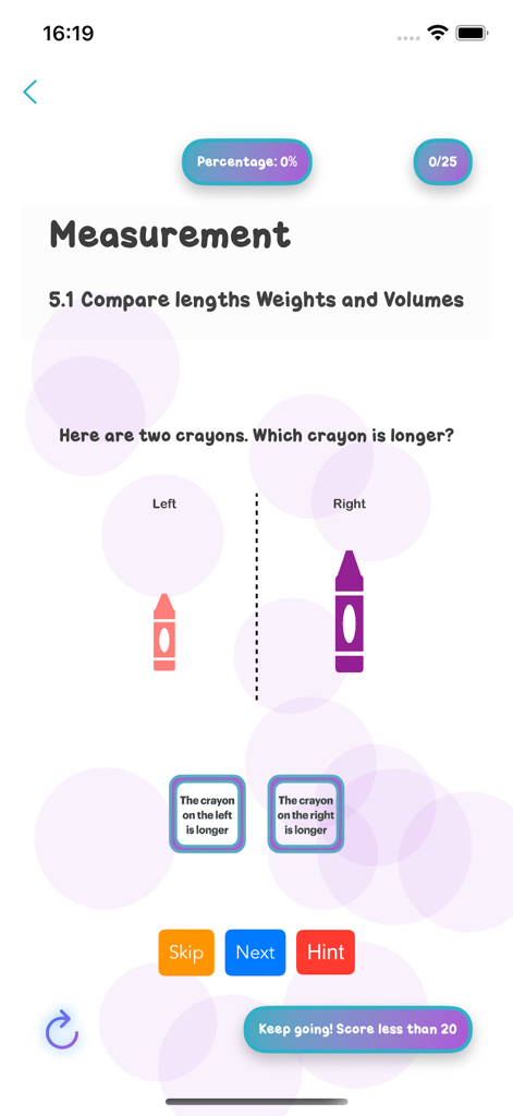 BrightSprout - BrightSprout educational app math quiz comparing lengths of two crayons