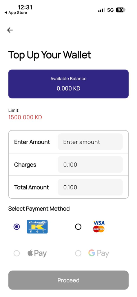 AZ eWallet - Top up interface of AZ eWallet showing available balance and payment options like KNET and Visa
