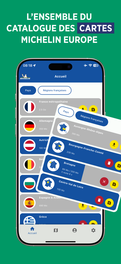 Michelin Maps Europe - Interfaz de la aplicación Michelin Maps Europe mostrando opciones de descarga de mapas sin conexión para países y regiones.