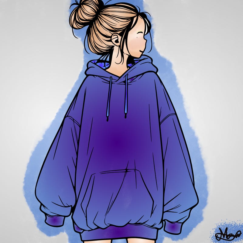 realistic girl with a oversized sweatshirt on and a bun