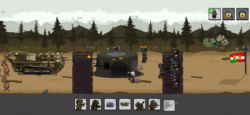 Jugabilidad de estrategia de la Primera Guerra Mundial en pixel art con un tanque y unidades de infantería en una batalla de trincheras.