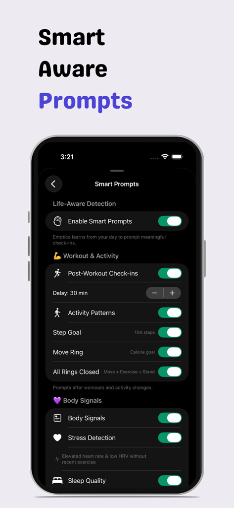 Emotica: Mood Tracker & Diary - Screenshot of the Emotica app Smart Prompts settings screen showing activity and body signal tracking options.