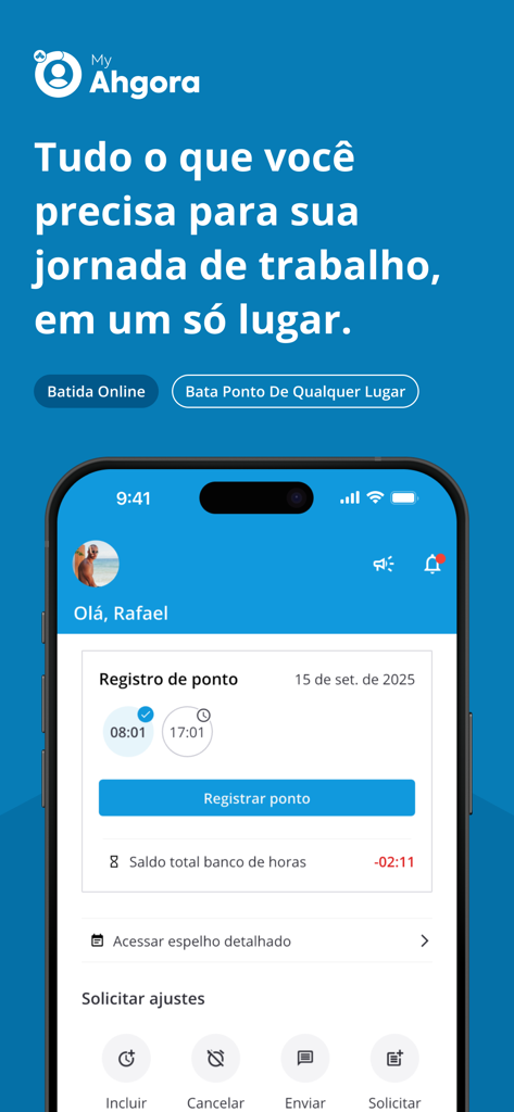 Painel do aplicativo Meu Ahgora mostrando o registro de tempo do funcionário e o saldo do banco de horas em um smartphone