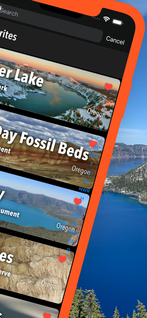 Oregon Pocket Maps - A list of favorite parks in the Oregon Pocket Maps app showing Crater Lake and John Day Fossil Beds.