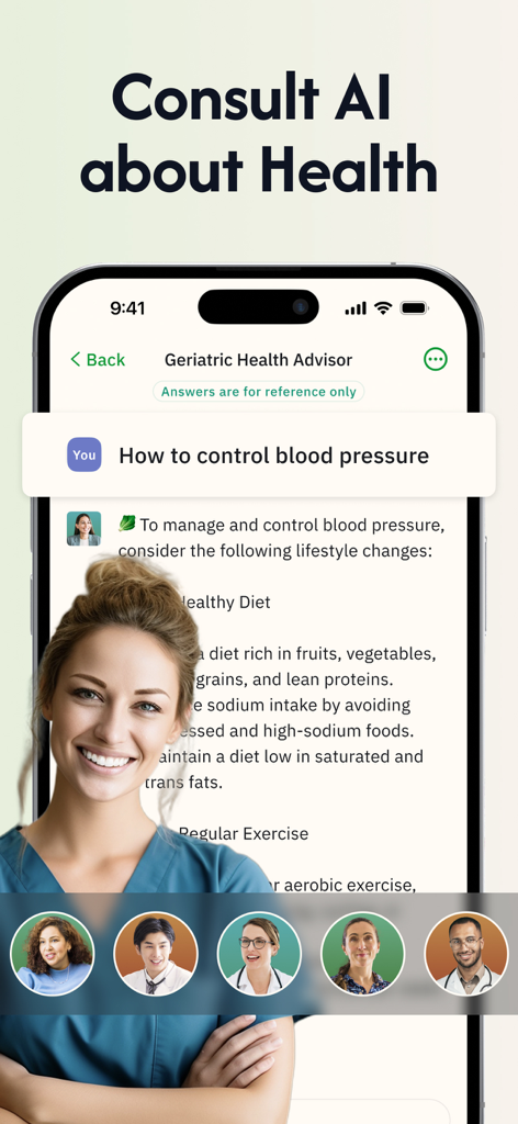 Daily Health - Healthy Routine - Interface of the Daily Health app showing an AI health advisor providing advice on controlling blood pressure
