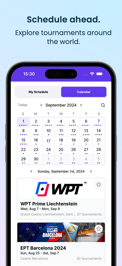 Pokerbase - Tracking & Staking - ライブポーカーイベントのスケジュール設定のためのPokerbaseアプリのトーナメントカレンダー機能。