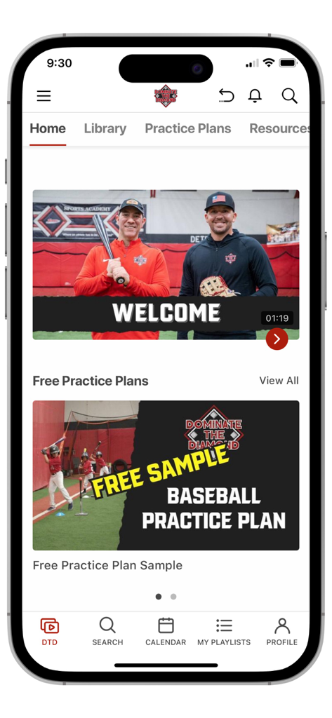 Home screen of the Dominate the Diamond app showing free baseball practice plans and coaching video thumbnails.