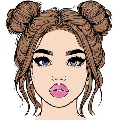 realistic girl with two buns on her hair and lips