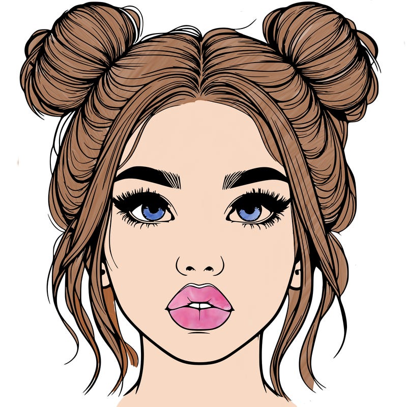 realistic girl with two buns on her hair and lips