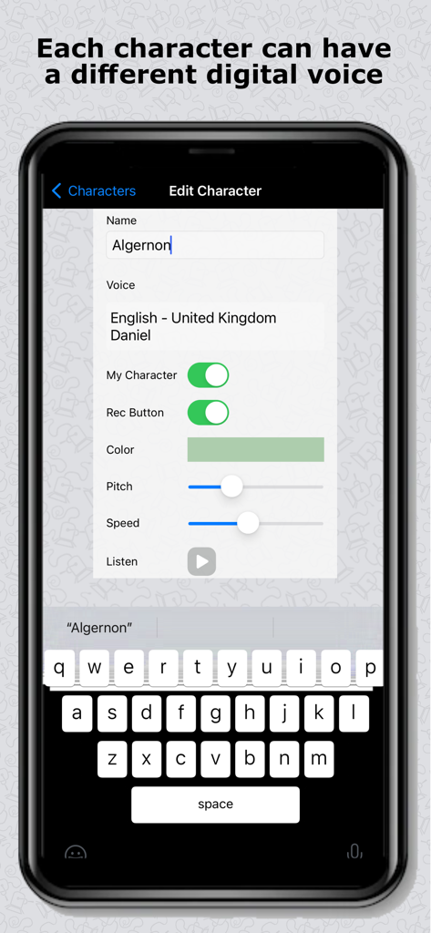 Interface of the Script Rehearser app showing character customization with options for digital voice, pitch, and speed