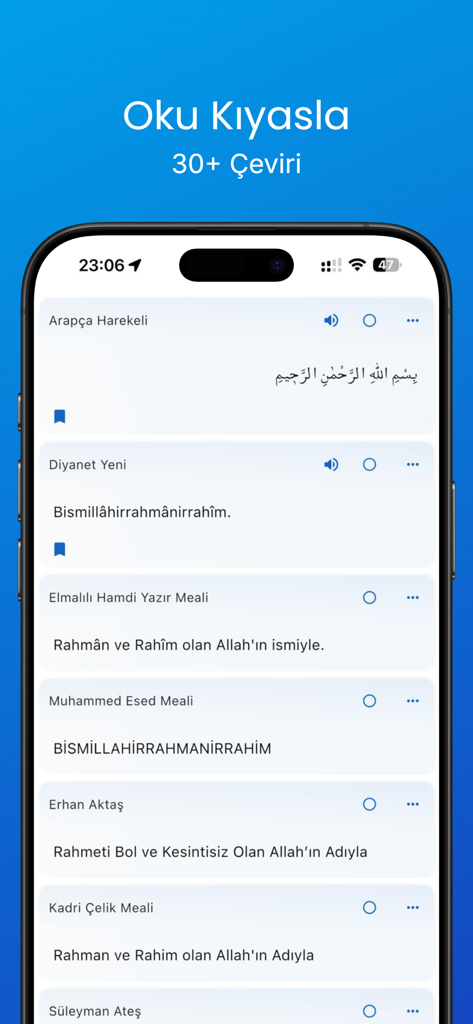 Kuran Analiz 2026 - Interface do aplicativo Análise do Alcorão 2026 mostrando múltiplas traduções turcas do Alcorão para estudo comparativo