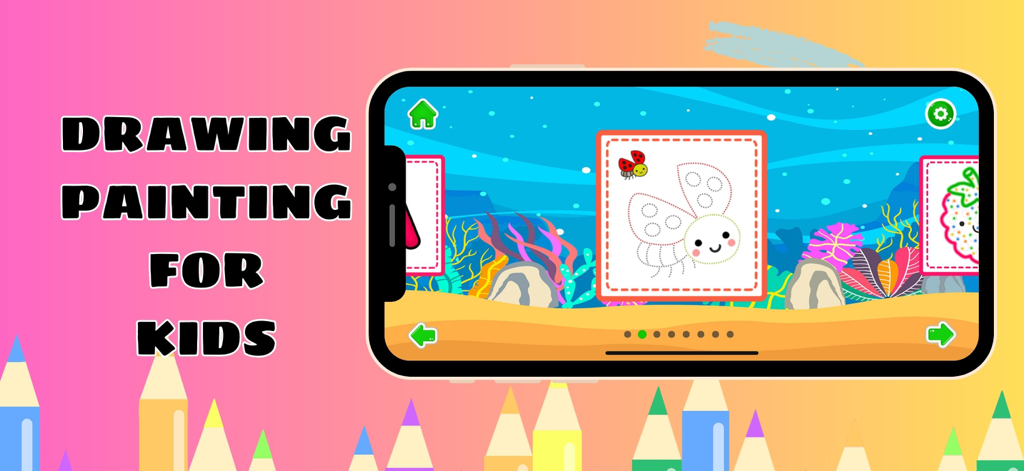 Easy Drawing & Painting - Benutzeroberfläche der Easy Drawing and Painting App für Kinder, die eine Marienkäfer-Malvorlage auf einem Smartphone zeigt