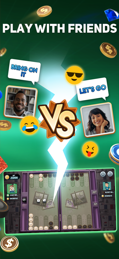 Backgammon Tournament online - ソーシャルチャットの吹き出しや絵文字を使って、オンラインバックギャモン対戦で競い合う2人のプレイヤー。