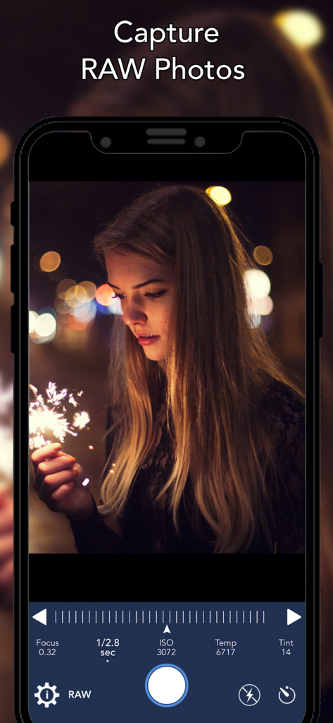 RAW Shoot - RAW Shoot mobile app interface showing manual camera controls for ISO and shutter speed with a portrait photo