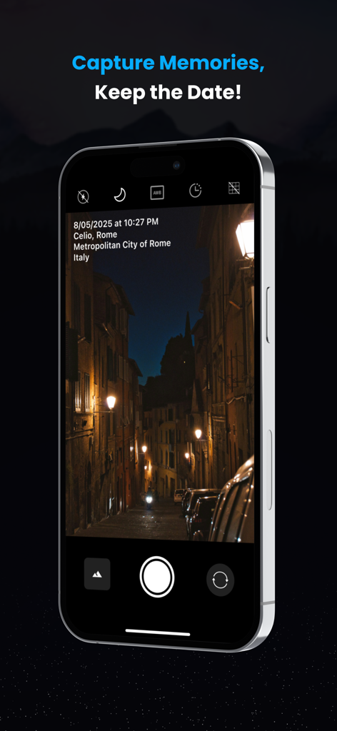 UltraZoom 200x - Super TeleCam - Smartphone screen showing the timestamp camera feature with date and location details on a night photo of a street in Rome