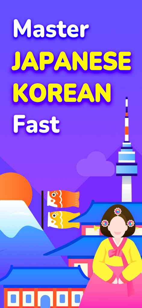 YuSpeak: Learn Japanese/Korean - Pantalla de introducción de la aplicación YuSpeak mostrando el texto Domina Japonés Coreano Rápido con coloridas ilustraciones del Monte Fuji y una mujer con hanbok