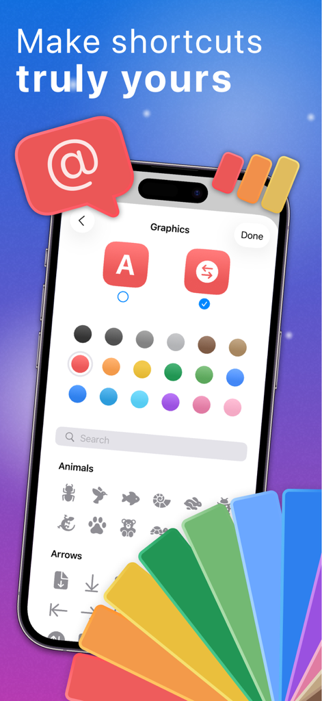 Shortcut Archive - Interfaz para personalizar iconos de atajos con varios colores y símbolos en la aplicación Archivo de Atajos.