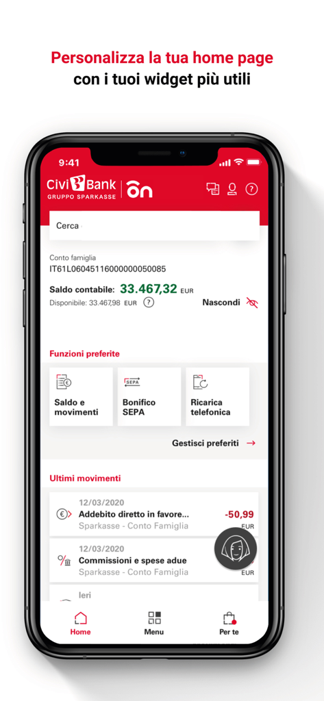 CiviBank ON - CiviBank ON app home screen on an iPhone showing account balance, favorite features, and transaction history in Italian.