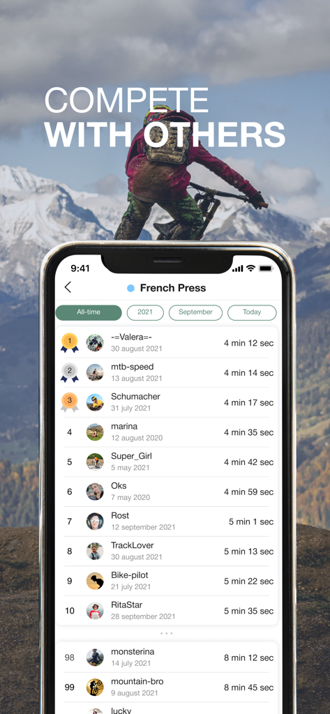 Tabla de clasificación de la aplicación Skill que muestra clasificaciones y tiempos para ciclistas de montaña.