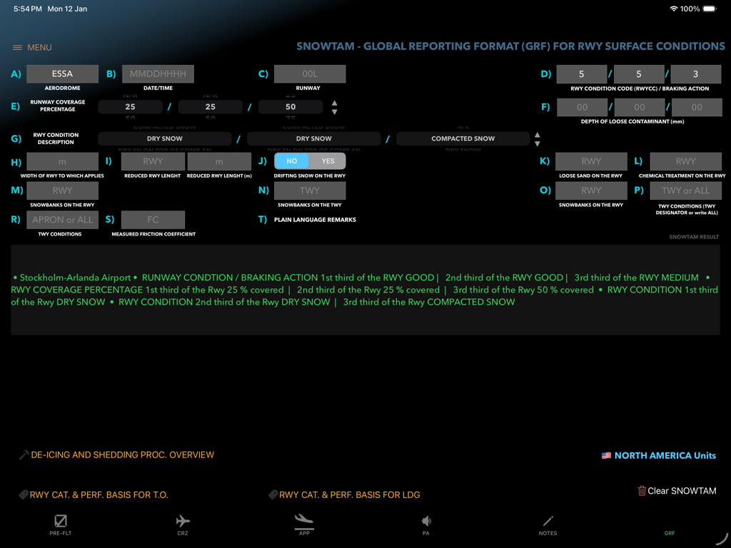 Interface de l'application A380 Clipboard pour décoder les conditions de surface de piste SNOWTAM.
