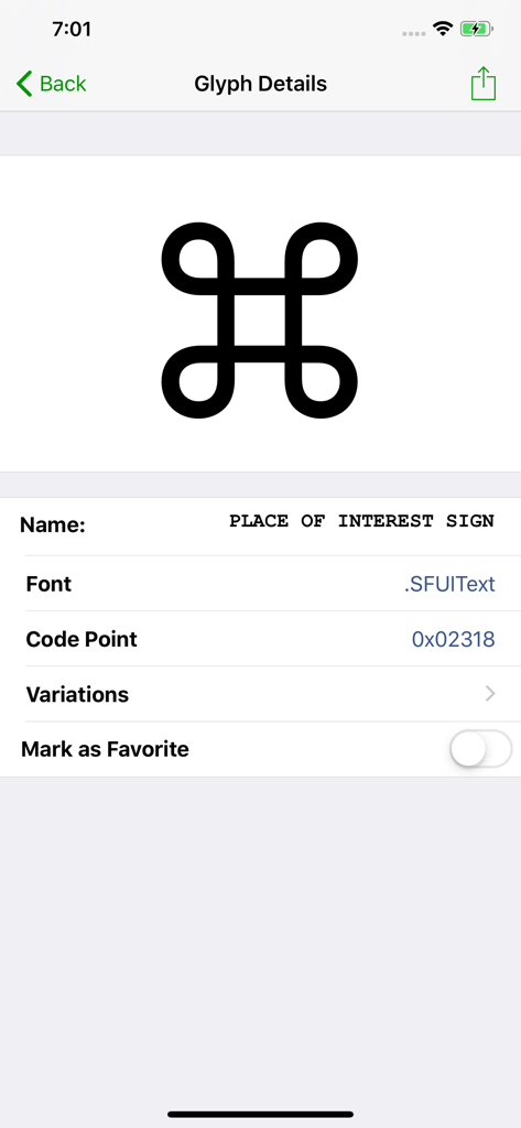 Detailed view of the Place of Interest Sign glyph in the Unicode Character Viewer app